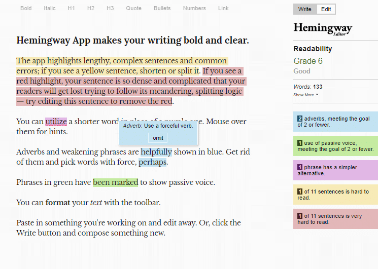 Improve your writing with the free online tool at hemingwayapp.com