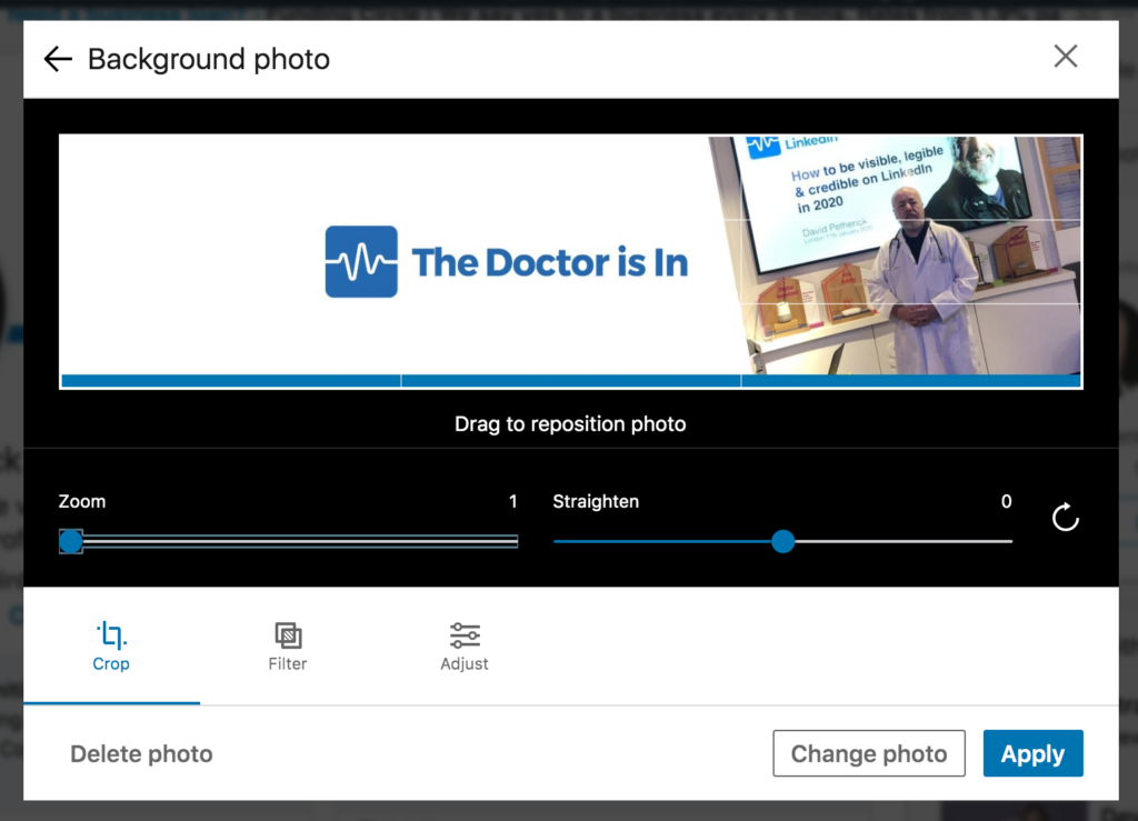 Adjusting your LinkedIn header image with editing controls